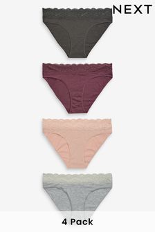 Grey Marl/Pink/Plum High Leg Cotton and Lace Knickers 4 Pack (552135) | $19
