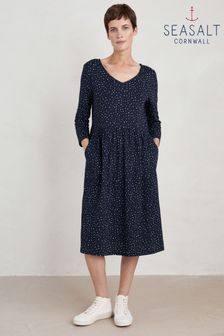 Seasalt Cornwall Blue Three Quarter Sleeve Brush Drawing Dress (552910) | €104