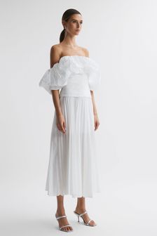 Acler Ivory Pleated Puff Sleeve Midi Dress (554050) | 3,443 SAR