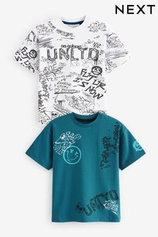 Teal Blue/White Graffiti Graphic Short Sleeve T-Shirts 2 Pack (3-16yrs) (555090) | AED53 - AED74