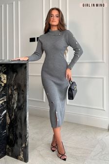 Girl In Mind Grey Liana Folded Neck Midi Knitted Jumper Dress (555344) | €26