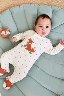 JoJo Maman Bébé Cream Fox Appliqué Zip Cotton Baby Sleepsuit (555592) | Kč835