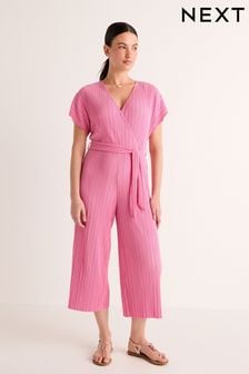Pink Plisse Short Sleeve Culotte Jumpsuit (555609) | $69