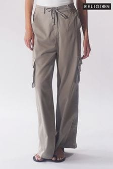 Religion Grey Wide leg Energy Cargo Trousers in Matt Sateen (556192) | $132