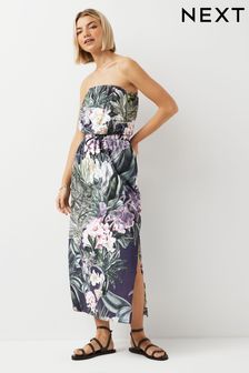 Granatowe w kwiatki - Sukienka za kolana z dekoltem bandeau (556714) | 87 zł