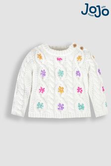 JoJo Maman Bébé Girls' Cable Knit Jumper With Embroidered Flowers
