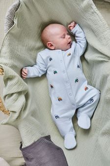 JoJo Maman Bébé Blue Tractor Embroidered Cotton Baby Sleepsuit (557818) | SGD 41