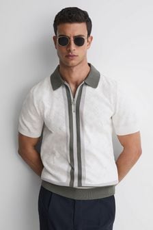 Reiss Ecru London Slim Fit Cotton Knitted Half-Zip Polo T-Shirt (558627) | SGD 303