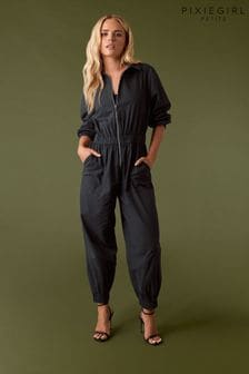 PixieGirl Petite Black Zip Front 100% Cotton Long Sleeve Jumpsuit (559206) | $74