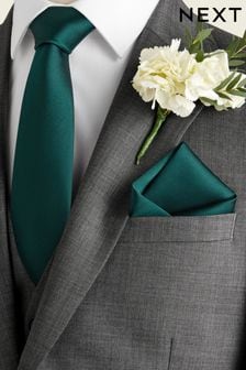 Zielony - Dopasowane - Jedwabny krawat i poszetka (559490) | 94 zł