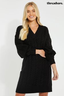 黑色 - Threadbare V領厚麻花針織套衫式連衣裙 (559692) | NT$1,630