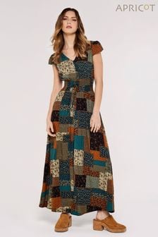 Apricot Brown Multi Patchwork Smocked Long Dress (560454) | $77