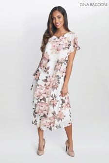 Gina Bacconi Alice Midi Printed Tiered White Dress With Shoulder Embellishment (560916) | €148