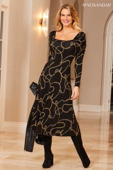 Sosandar Black Chain Print Square Neck Midi Dress (561176) | AED383