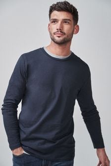 Navy Blue Slim Long Sleeve Crew Neck T-Shirt (562542) | SGD 18 - SGD 19