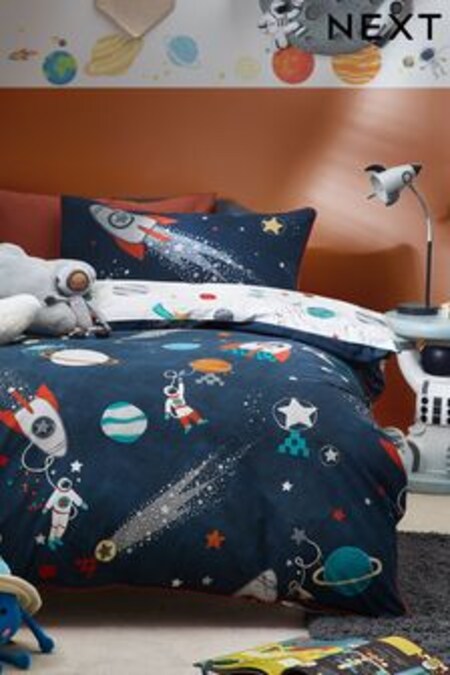 Navy Blue Kids Space Planets And Rockets 100% Organic Cotton Duvet Cover And Pillowcase Set (564643) | kr357 - kr491
