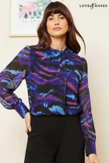 Love & Roses Blue Animal Printed Ruched High Neck Long Sleeve Chiffon Blouse (564968) | OMR20