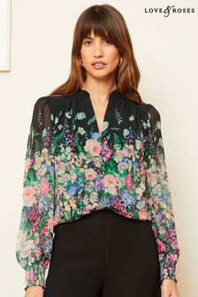 Love & Roses Floral Print V Neck Puff Sleeve Blouse