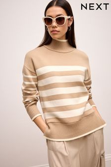 Neutral/Ecru Cream High Neck Stripe Cosy Knitted Jumper Long Sleeve Top (565407) | AED128