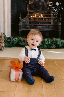 Emile Et Rose Navy Blue 2-in-1 Mock Dungaree, Red Check Embroidery & Bow Tie All-In-One (565876) | $75