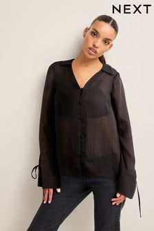 Black Tie Sleeve Textured Collared V-Neck Blouse (566877) | $50
