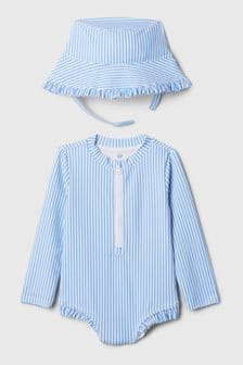 Gap Blue Stripe Rashguard Swimsuit and Hat Baby Set (Newborn-5yrs) (568446) | €34