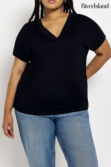 River Island Black Plus V-Neck Smart T-Shirt (568584) | OMR8