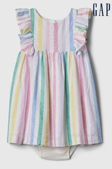 Gap White Rainbow Stripe Baby Linen-Cotton Blend Flutter Sleeve Dress (Newborn-5yrs) (569026) | kr325