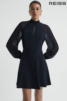 Reiss Navy Perry Sheer Blouson Sleeve Mini Dress (570001) | kr4,155