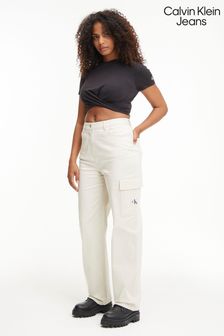 Kremowy - Calvin Klein Jeans High Rise Straight Twill Trousers (570192) | 285 zł