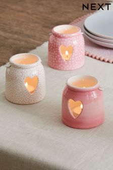 Set of 3 Pink Ceramic Heart Cut-Out Lanterns