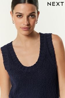 Navy Blue 100% Cotton Scoop Neck Knitted Vest Top (571120) | $42