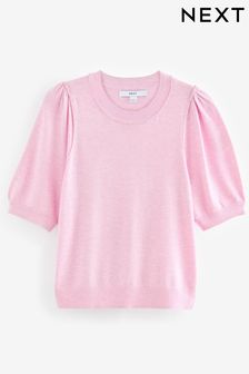 Рожевий - Crew Neck Short Sleeve Knitted Top (571197) | 538 ₴