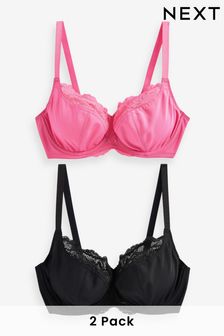 Bright Pink/Black - Dd Plus Non Pad Wired Full Cup Microfibre And Lace Bras 2 Pack (571509) | ￥4,610
