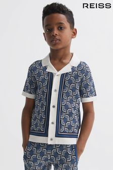 Reiss Blue Print Lotus Junior Knitted Cuban Collar Shirt (571657) | LEI 347