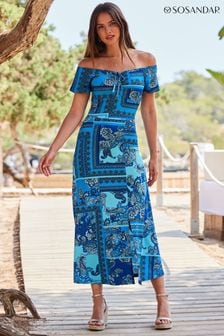 Sosandar Blue Bardot Tie Front Fit And Flare Dress (571852) | NT$3,220