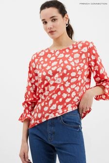 French Connection Red Aimee Crepe Light Smocked Cuff Shirt (572133) | €27
