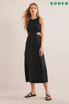Boden Black Cut-Out Linen Midi Dress (572838) | €114