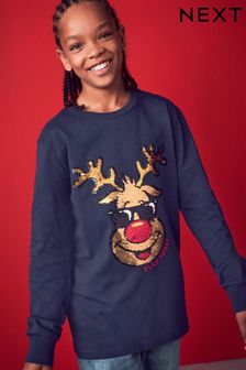 Navy Blue Reindeer Long Sleeve Flippy Sequin Christmas T-Shirt (3-16yrs) (573759) | DKK77 - DKK115