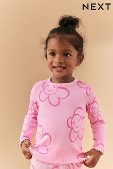 Rosa con flor sonriente - Camiseta de manga larga de canalé con alto contenido de algodón (3 meses-7 años) (575972) | 7 € - 10 €