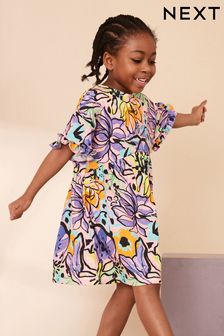 Violettes Tropenmuster - Kurzärmeliges Jersey-Kleid aus Baumwolle (3-16yrs) (578687) | 14 € - 21 €