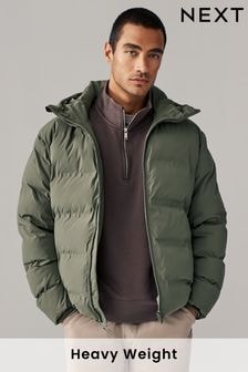 Khaki Green Regular Length Shower Resistant Heatseal Hooded Puffer Coat (578935) | $121