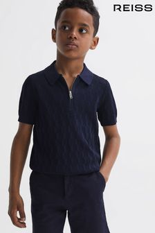 Reiss Navy Ubud Junior Half-Zip Textured Polo T-Shirt (580164) | 279 QAR