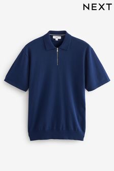 Cobalt Blue Knitted Regular Fit Zip Polo Shirt (580652) | AED100