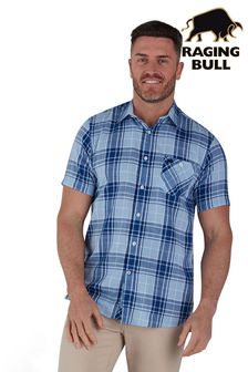 Голубая рубашка из хлопка и льна в клетку с короткими рукавами Raging Bull (580930) | €42 - €45