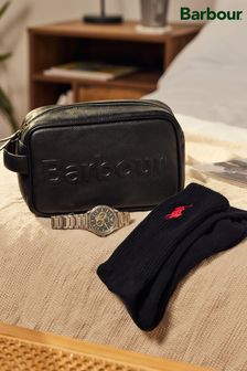 Barbour® Black Leather Logo Washbag (581324) | 555 QAR