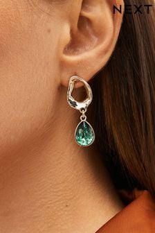Gold Tone Recycled Metal Green Stone Drop Earrings (581792) | $12