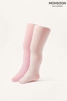 Monsoon Pink Baby Glittery Print Tights 2 Pack (581817) | $21