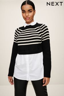 Schwarz-Weiß gestreift - Cropped-Pullover mit Hemdlage (582231) | 27 €