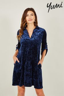 Yumi Blue Velvet Tunic Dress With 3/4 Sleeves (583241) | $110